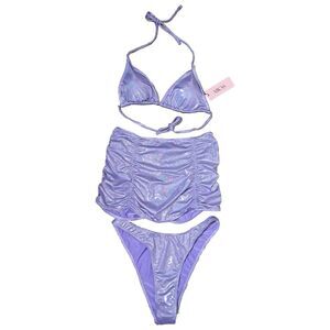 Micas Y2K Shiny 3 Piece Set Ruched Clubwear Rave Pastel Goth Skirt Top Bottoms L